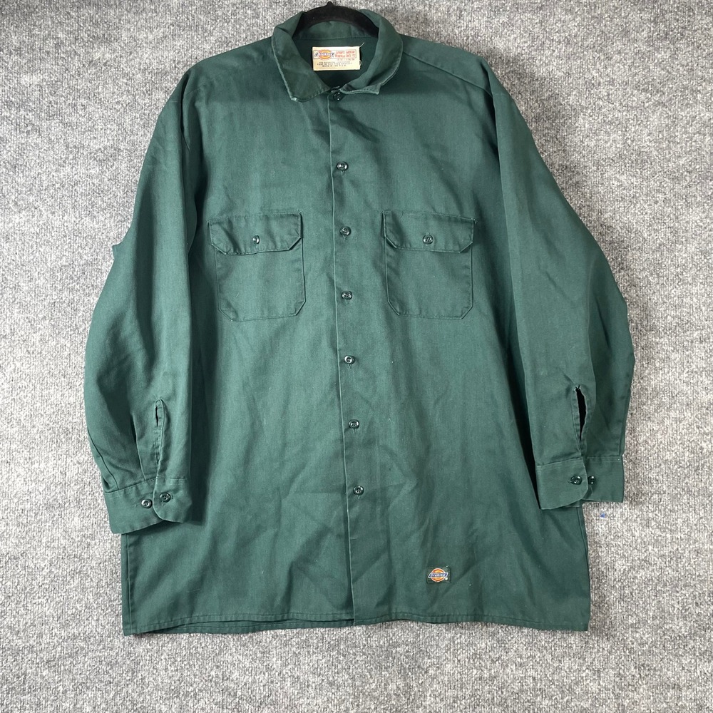 VTG Dickies Shirt Mens 18 18.5 2XL Green Long Sleeve Workwear Button Down 80s
